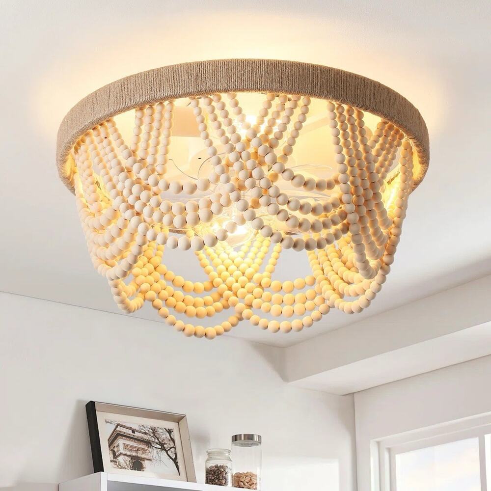 Boho Wood Bead 20in Flush Mount Ceiling Fan w/ Light, Remote, 6-Blade F018